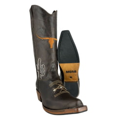 Bota Texana Feminina Os Moiadeiros Bico Fino Couro Fóssil Tabaco Com Logo E Cactus Em Branco E Laranja Ref:746