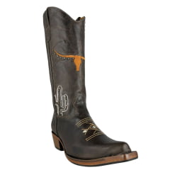 Bota Texana Feminina Os Moiadeiros Bico Fino Couro Fóssil Tabaco Com Logo E Cactus Em Branco E Laranja Ref:746