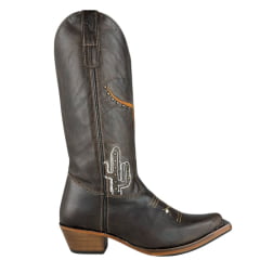 Bota Texana Feminina Os Moiadeiros Bico Fino Couro Fóssil Tabaco Com Logo E Cactus Em Branco E Laranja Ref:746