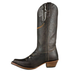 Bota Texana Feminina Os Moiadeiros Bico Fino Couro Fóssil Tabaco Com Logo E Cactus Em Branco E Laranja Ref:746