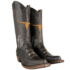 Bota Texana Feminina Os Moiadeiros Bico Fino Couro Fóssil Tabaco Com Logo E Cactus Em Branco E Laranja Ref:746