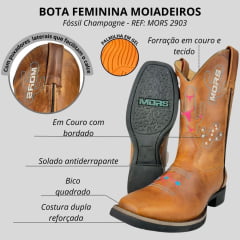 Bota Texana Feminina Moiadeiros Couro Fóssil Champagne Bico Quadrado Ref:MORS2903