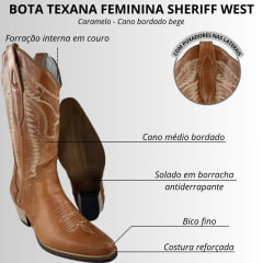 Bota Texana Feminina Sheriff West Caramelo Bico Fino Cano Bordado Bege