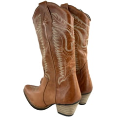 Bota Texana Feminina Sheriff West Caramelo Bico Fino Cano Bordado Bege