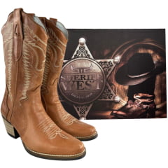 Bota Texana Feminina Sheriff West Caramelo Bico Fino Cano Bordado Bege