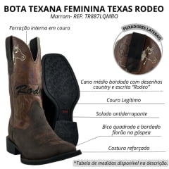 Bota Texana Feminina Texas Rodeo Couro Crazy Café/Fóssil Havana Bordado Rodeo Sola Preta RF: TR887LQMBO