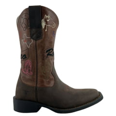 Bota Texana Feminina Texas Rodeo Couro Crazy Café/Fóssil Havana Bordado Rodeo Sola Preta RF: TR887LQMBO