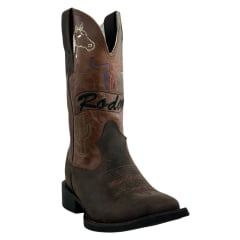 Bota Texana Feminina Texas Rodeo Couro Crazy Café/Fóssil Havana Bordado Rodeo Sola Preta RF: TR887LQMBO