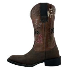 Bota Texana Feminina Texas Rodeo Couro Crazy Café/Fóssil Havana Bordado Rodeo Sola Preta RF: TR887LQMBO