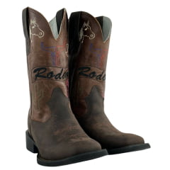 Bota Texana Feminina Texas Rodeo Couro Crazy Café/Fóssil Havana Bordado Rodeo Sola Preta RF: TR887LQMBO