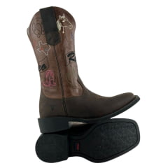 Bota Texana Feminina Texas Rodeo Couro Crazy Café/Fóssil Havana Bordado Rodeo Sola Preta RF: TR887LQMBO