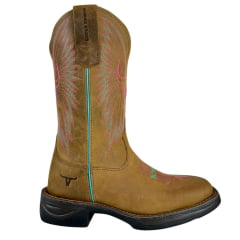 Bota Texana Feminina Texas Rodeo Bico Quadrado Couro Crazy Tabaco Bordado Rosa E Verde Solado Jump Ref:TR595