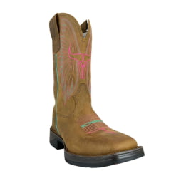 Bota Texana Feminina Texas Rodeo Bico Quadrado Couro Crazy Tabaco Bordado Rosa E Verde Solado Jump Ref:TR595