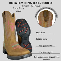 Bota Texana Feminina Texas Rodeo Bico Quadrado Couro Crazy Tabaco Bordado Rosa E Verde Solado Jump Ref:TR595