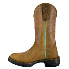 Bota Texana Feminina Texas Rodeo Bico Quadrado Couro Crazy Tabaco Bordado Rosa E Verde Solado Jump Ref:TR595