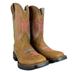 Bota Texana Feminina Texas Rodeo Bico Quadrado Couro Crazy Tabaco Bordado Rosa E Verde Solado Jump Ref:TR595