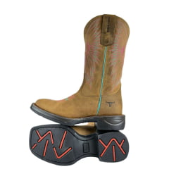 Bota Texana Feminina Texas Rodeo Bico Quadrado Couro Crazy Tabaco Bordado Rosa E Verde Solado Jump Ref:TR595