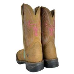 Bota Texana Feminina Texas Rodeo Bico Quadrado Couro Crazy Tabaco Bordado Rosa E Verde Solado Jump Ref:TR595