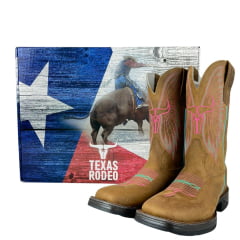 Bota Texana Feminina Texas Rodeo Bico Quadrado Couro Crazy Tabaco Bordado Rosa E Verde Solado Jump Ref:TR595