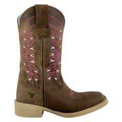 Bota Texana Feminina Texas Rodeo Couro Crazy Tabaco Bordado Florão Rosa/ Pink Sola Branca RF: TR805LQBO