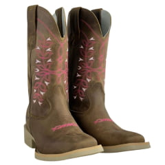 Bota Texana Feminina Texas Rodeo Couro Crazy Tabaco Bordado Florão Rosa/ Pink Sola Branca RF: TR805LQBO
