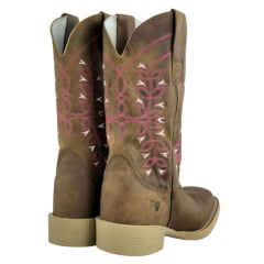 Bota Texana Feminina Texas Rodeo Couro Crazy Tabaco Bordado Florão Rosa/ Pink Sola Branca RF: TR805LQBO