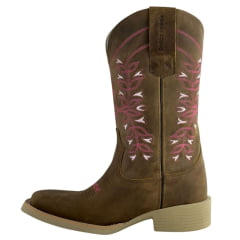 Bota Texana Feminina Texas Rodeo Couro Crazy Tabaco Bordado Florão Rosa/ Pink Sola Branca RF: TR805LQBO