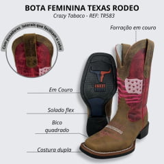 Bota Texana Feminina Texas Rodeo Bico Quadrado Couro Crazy Tabaco Cano Fóssil Pink Ref.TR583 - LQBO