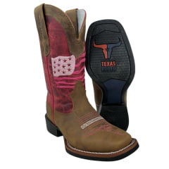 Bota Texana Feminina Texas Rodeo Bico Quadrado Couro Crazy Tabaco Cano Fóssil Pink Ref.TR583 - LQBO