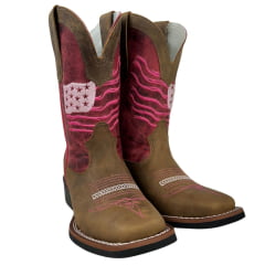 Bota Texana Feminina Texas Rodeo Bico Quadrado Couro Crazy Tabaco Cano Fóssil Pink Ref.TR583 - LQBO