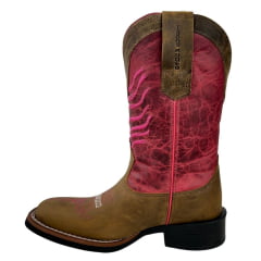 Bota Texana Feminina Texas Rodeo Bico Quadrado Couro Crazy Tabaco Cano Fóssil Pink Ref.TR583 - LQBO