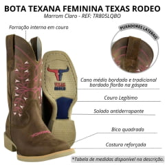 Bota Texana Feminina Texas Rodeo Couro Crazy Tabaco Cano Bordado Florão Rosa/ Pink Sola Branca RF: TR805LQBO