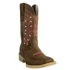 Bota Texana Feminina Texas Rodeo Couro Crazy Tabaco Cano Bordado Florão Rosa/ Pink Sola Branca RF: TR805LQBO
