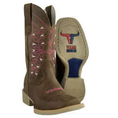 Bota Texana Feminina Texas Rodeo Couro Crazy Tabaco Cano Bordado Florão Rosa/ Pink Sola Branca RF: TR805LQBO