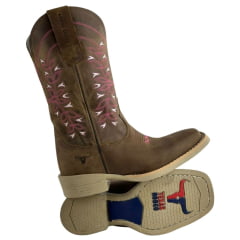 Bota Texana Feminina Texas Rodeo Couro Crazy Tabaco Cano Bordado Florão Rosa/ Pink Sola Branca RF: TR805LQBO