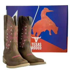 Bota Texana Feminina Texas Rodeo Couro Crazy Tabaco Cano Bordado Florão Rosa/ Pink Sola Branca RF: TR805LQBO