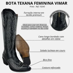 Bota Texana Feminina Vimar Atlanta Preto Luchese Preto Bico Fino Ref: 10243