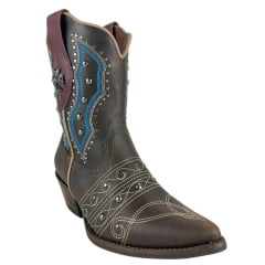 Bota Texana Feminina Vimar Bico Fino Fóssil Castanho Bordado Cru E Azul Rebite Ref:11246