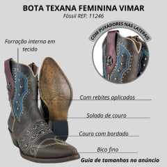 Bota Texana Feminina Vimar Bico Fino Fóssil Castanho Bordado Cru E Azul Rebite Ref:11246