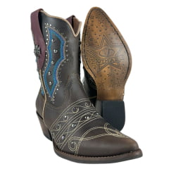 Bota Texana Feminina Vimar Bico Fino Fóssil Castanho Bordado Cru E Azul Rebite Ref:11246