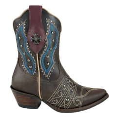 Bota Texana Feminina Vimar Bico Fino Fóssil Castanho Bordado Cru E Azul Rebite Ref:11246