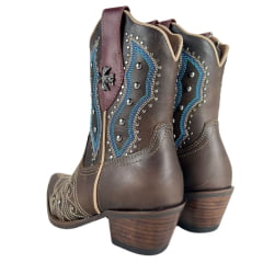 Bota Texana Feminina Vimar Bico Fino Fóssil Castanho Bordado Cru E Azul Rebite Ref:11246