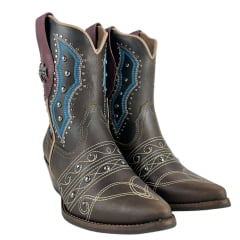 Bota Texana Feminina Vimar Bico Fino Fóssil Castanho Bordado Cru E Azul Rebite Ref:11246