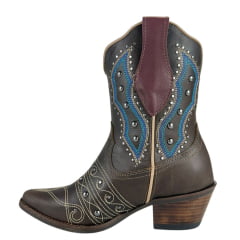 Bota Texana Feminina Vimar Bico Fino Fóssil Castanho Bordado Cru E Azul Rebite Ref:11246