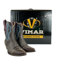 Bota Texana Feminina Vimar Bico Fino Fóssil Castanho Bordado Cru E Azul Rebite Ref:11246