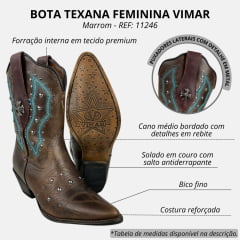 Bota Texana Feminina Vimar Bico Fino Cano Médio Couro Fóssil Castanho Com Bordado Azul/Verde Sola Genova-V00  REF: 11246