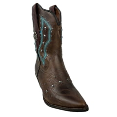 Bota Texana Feminina Vimar Bico Fino Cano Médio Couro Fóssil Castanho Com Bordado Azul/Verde Sola Genova-V00  REF: 11246