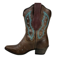 Bota Texana Feminina Vimar Bico Fino Cano Médio Couro Fóssil Castanho Com Bordado Azul/Verde Sola Genova-V00  REF: 11246