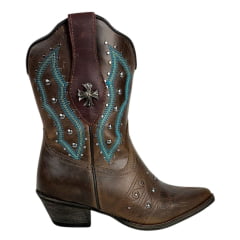 Bota Texana Feminina Vimar Bico Fino Cano Médio Couro Fóssil Castanho Com Bordado Azul/Verde Sola Genova-V00  REF: 11246