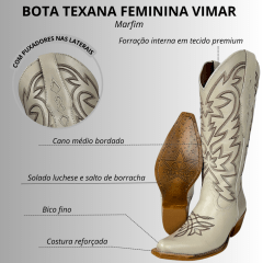 Bota Texana Feminina Vimar Bico Fino Couro Marfim C/ Bordado Sola Luchese-00 - R. 10230